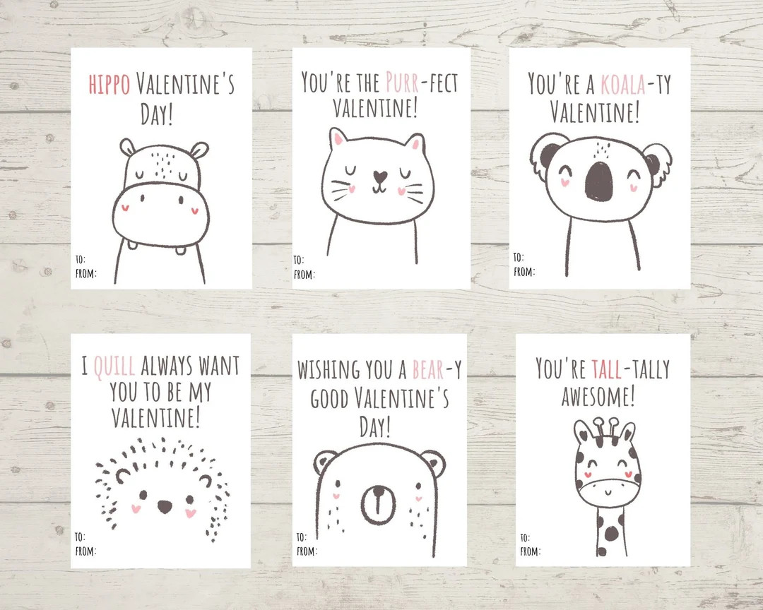 Printable Kids Valentines Cards | Hippo Cat Koala Giraffe Bear Hedgehog Animal Valentines | Class... | Etsy (CAD)