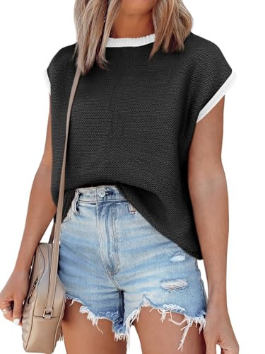 Saodimallsu Womens Summer Cap Sleeve Knit Tops Casual Sleeveless Sweater Vest Crew Neck Color Block 2025 Trendy Tank Top | Amazon (US)