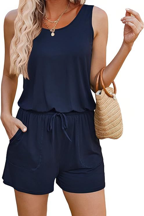 ADOME Rompers for Women Summer Sleeveless Scoop Neck Tank Top Casual Short Jumpsuit Rompers with ... | Amazon (US)