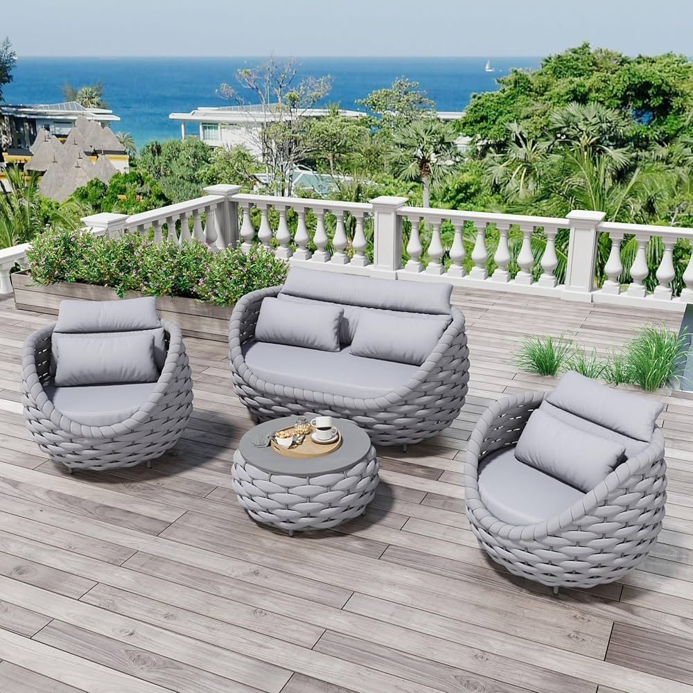 Woven Rope Patio Sofa Furniture Set of 4: Aluminum All Weather Outdoor Conversation Set, Couch Ar... | Amazon (US)