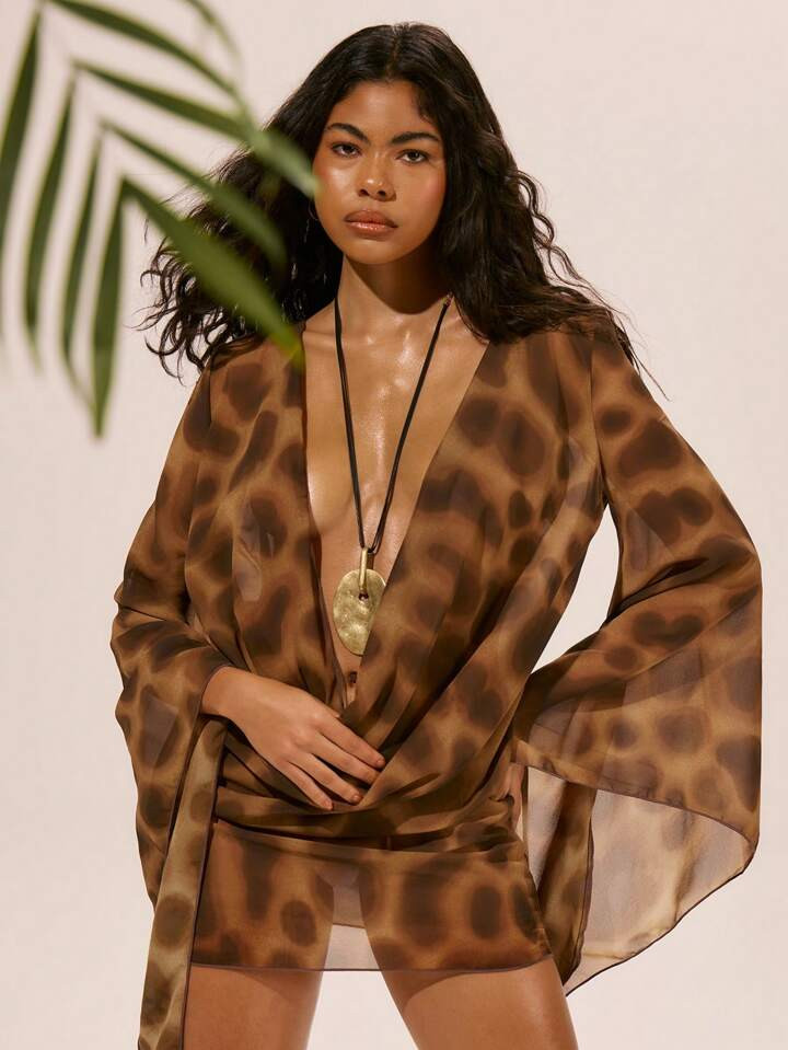 MUSERA Chiffon Mesh Long Sleeve Plunge Cowl Neck Mini Dress Spring, Summer, Ibiza, Holiday, Cute, Romantic, Festival, Vacation Beachwear, Beach Unearthly | SHEIN