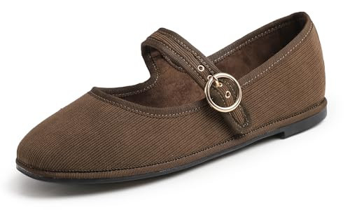 FEVERSOLE Women's Soft Breathable Mary Jane Memory Foam Cushioned Comfort Round Toe Metal Buckle Flats Walking Shoes Brown Corduroy Size 9 M US | Amazon (US)