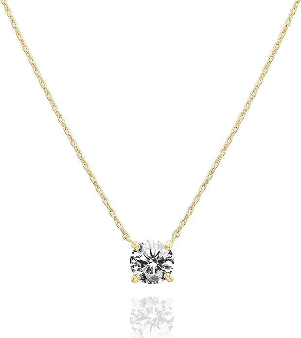 PAVOI 14K Gold Plated Crystal Solitaire 1.5 Carat (7.3mm) Cubic Zirconia Dainty Choker Necklace |... | Amazon (US)
