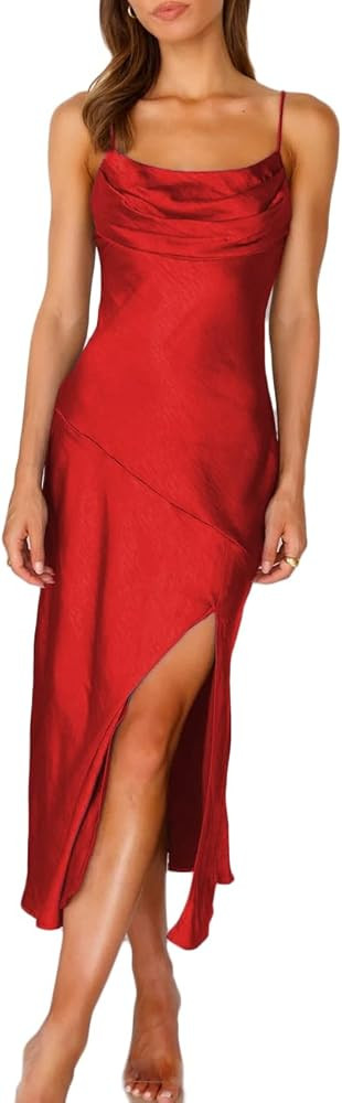 Satin Silk Slip Maxi Dress for Wedding Guest Women- Cowl Neck Pleated Bust Split Wedding Guest Co... | Amazon (US)