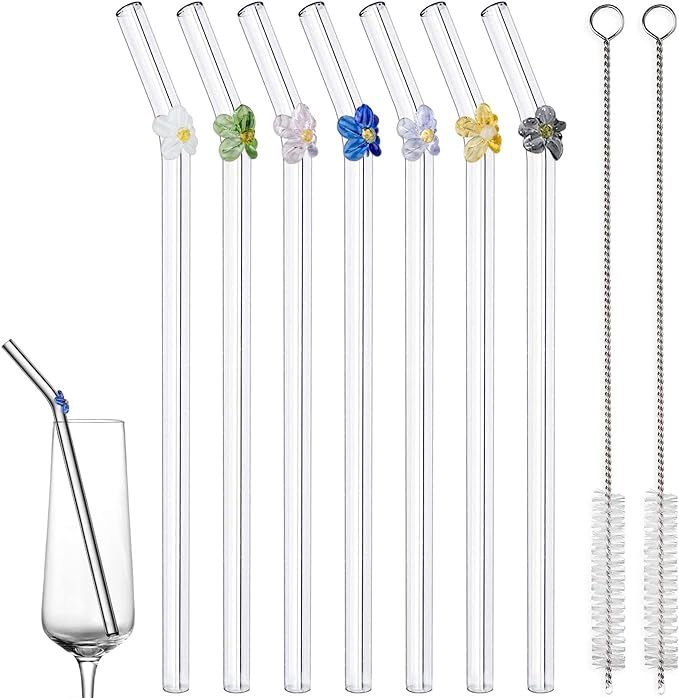 Amazon.com: 7-Pack Reusable Colored Flower Glass Straws with 2 Cleaning Brushes, Durable Thick Gl... | Amazon (US)