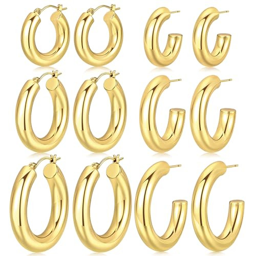 6 Pairs Gold Hoop Earrings Set for Women, Chunky Hollow Tube Hoops Earrings, Hypoallergenic Lightweight Hoop Large Earrings 25/30/35mm (Thick-6mm) | Amazon (US)