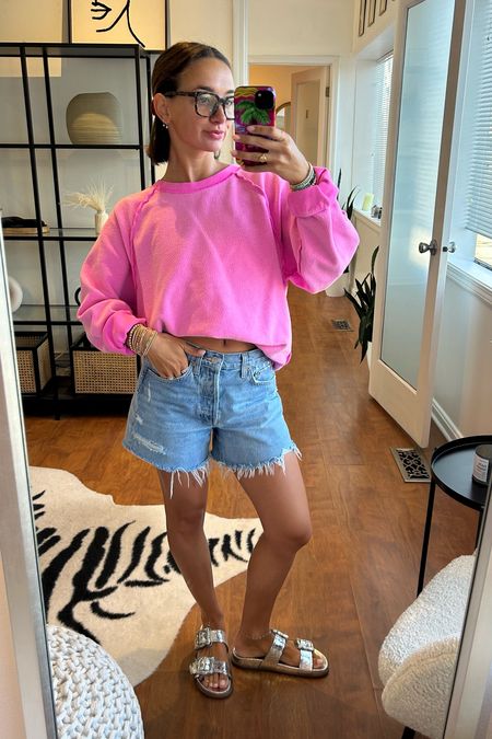 Outfit repeating as usual! The pink is sold out of this Gap sweatshirt but so many other cute colors! I also have the red and grey. Wearing M and 24 in shorts!