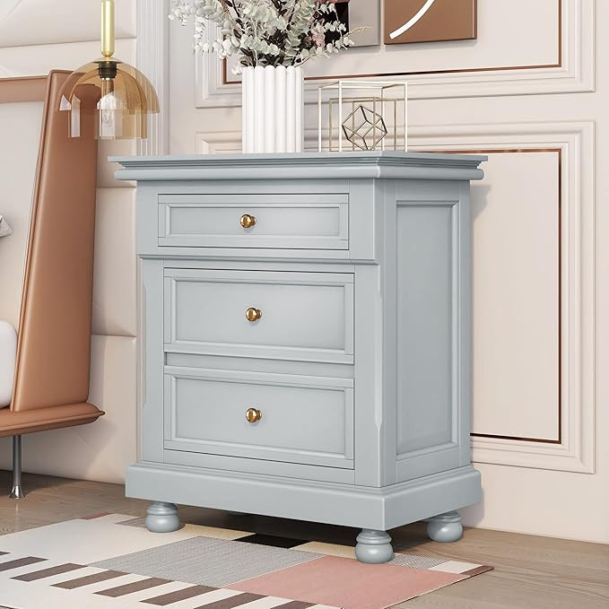 Modern Mid-Century Nightstand with 3 Drawers, Vintage Solid Wood Bedside Table, Gray | Amazon (US)