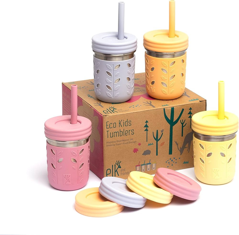 Elk and Friends Stainless Steel Cups | 10 oz Mason Jar design | Kids & Toddler Cups with Silicone... | Amazon (US)