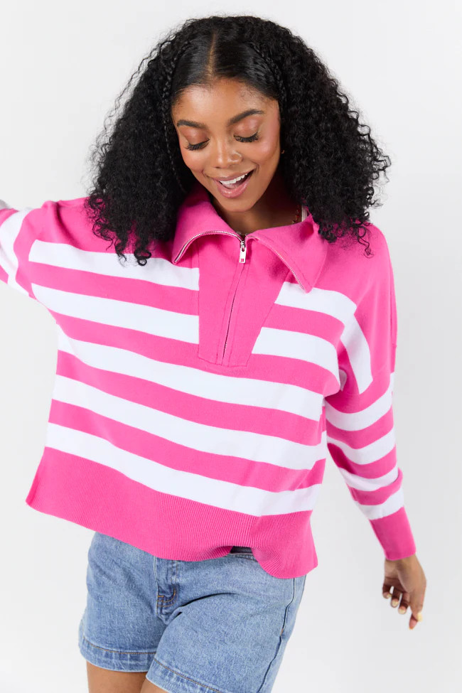 Pulling Heartstrings Hip Length Pink Stripe Quarter Zip Pullover FINAL | Pink Lily