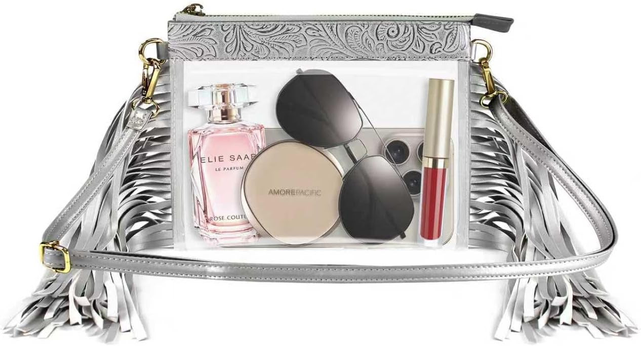 MOETYANG Clear Western Purse with Leather Fringe Trim, Brown Tassel Design, Transparent | Amazon (US)