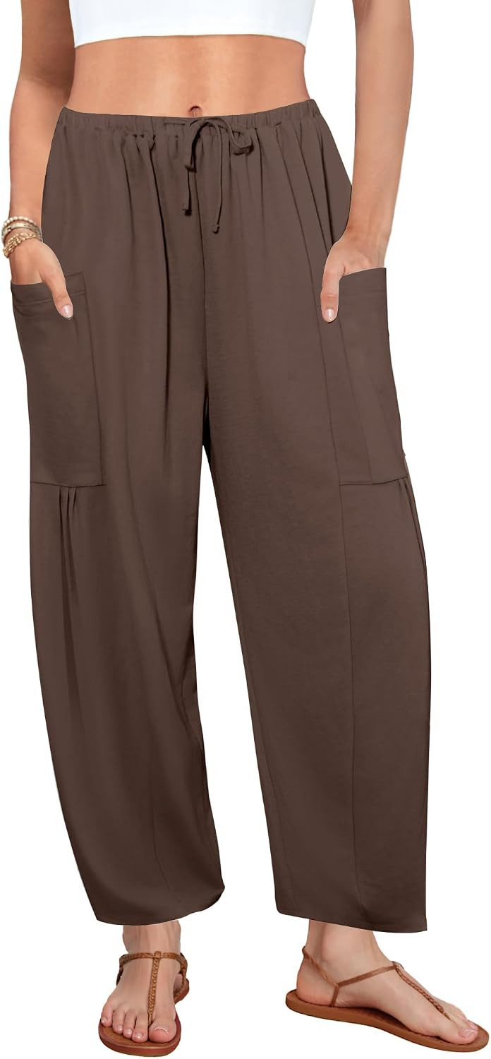 DLOODA Flowy Wide Leg Pants for Women, Drawstring Palazzo Harem Pants Casual Beach Vacation Trousers with Pockets | Amazon (US)