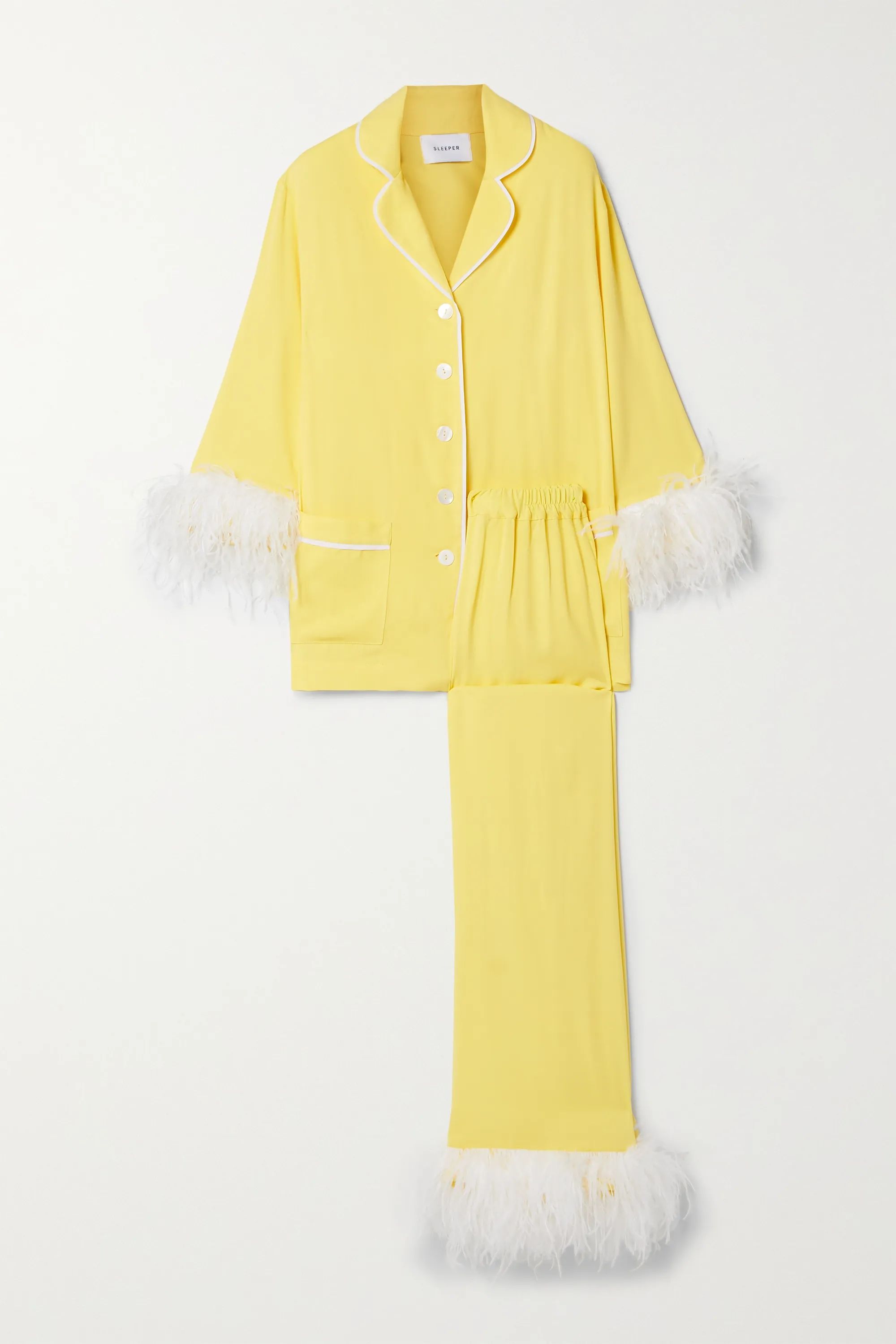 Yellow Party feather-trimmed crepe de chine pajama set | Sleeper | NET-A-PORTER | NET-A-PORTER (US)