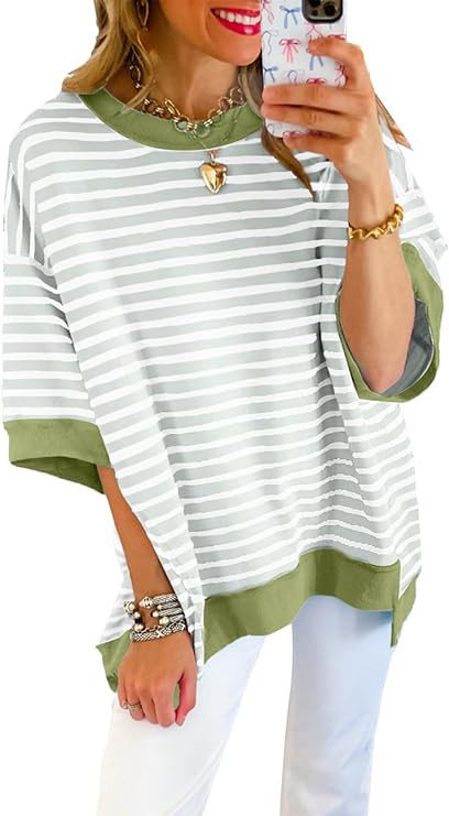 SHEWIN Womens Tops Casual Short Sleeve Sweatshirt Crewneck Striped Shirt Pullover T Shirts Loose ... | Amazon (US)