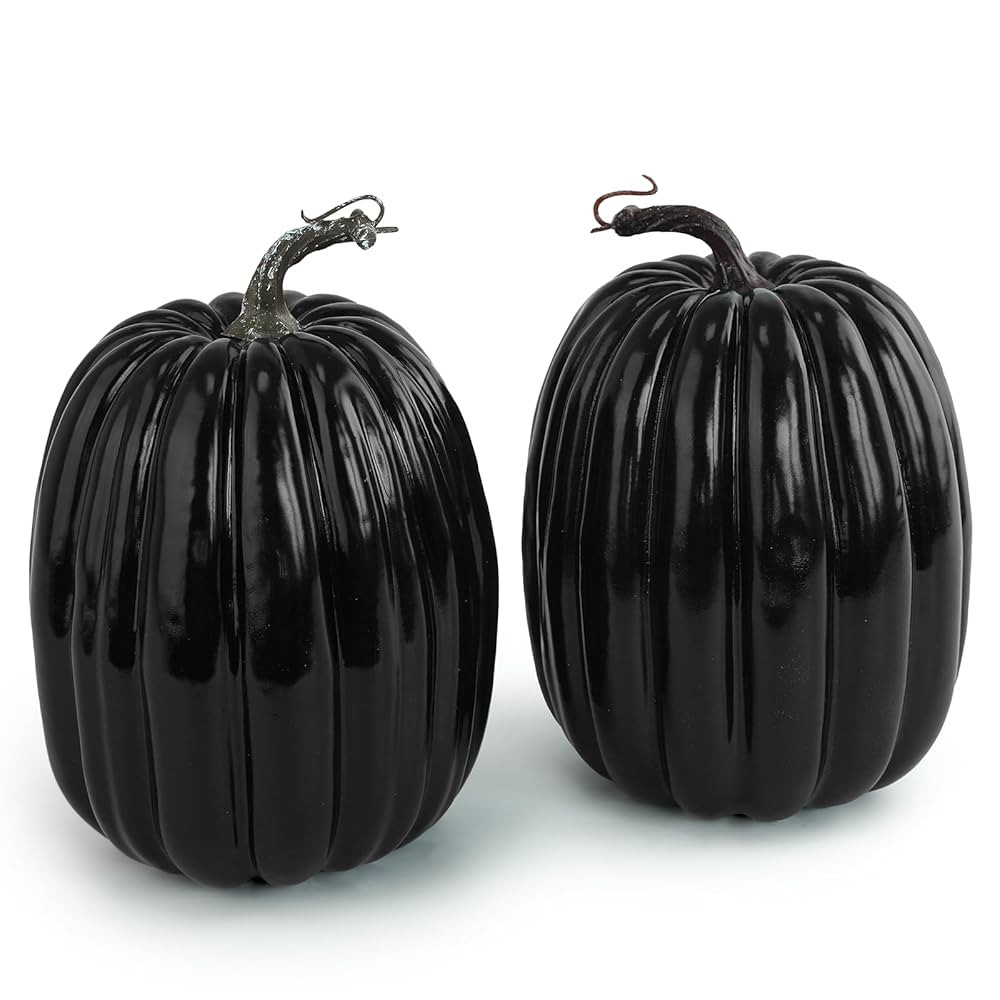 Artmag 8 Inch Large Artificial Pumpkins, 2PCS Big Black Faux Foam Harvest Pumpkins for Fall Autum... | Amazon (US)