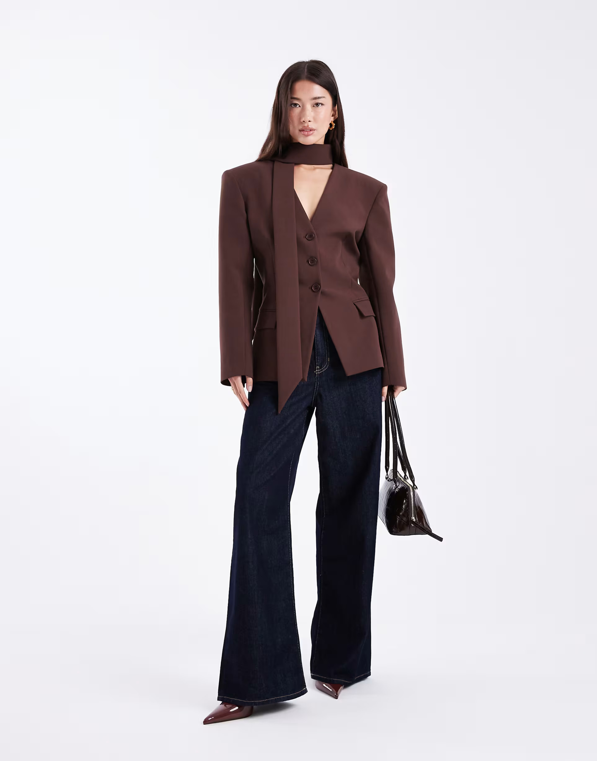 ASOS DESIGN cinch shoulder pad blazer with scarf in chocolate brown | ASOS (Global)