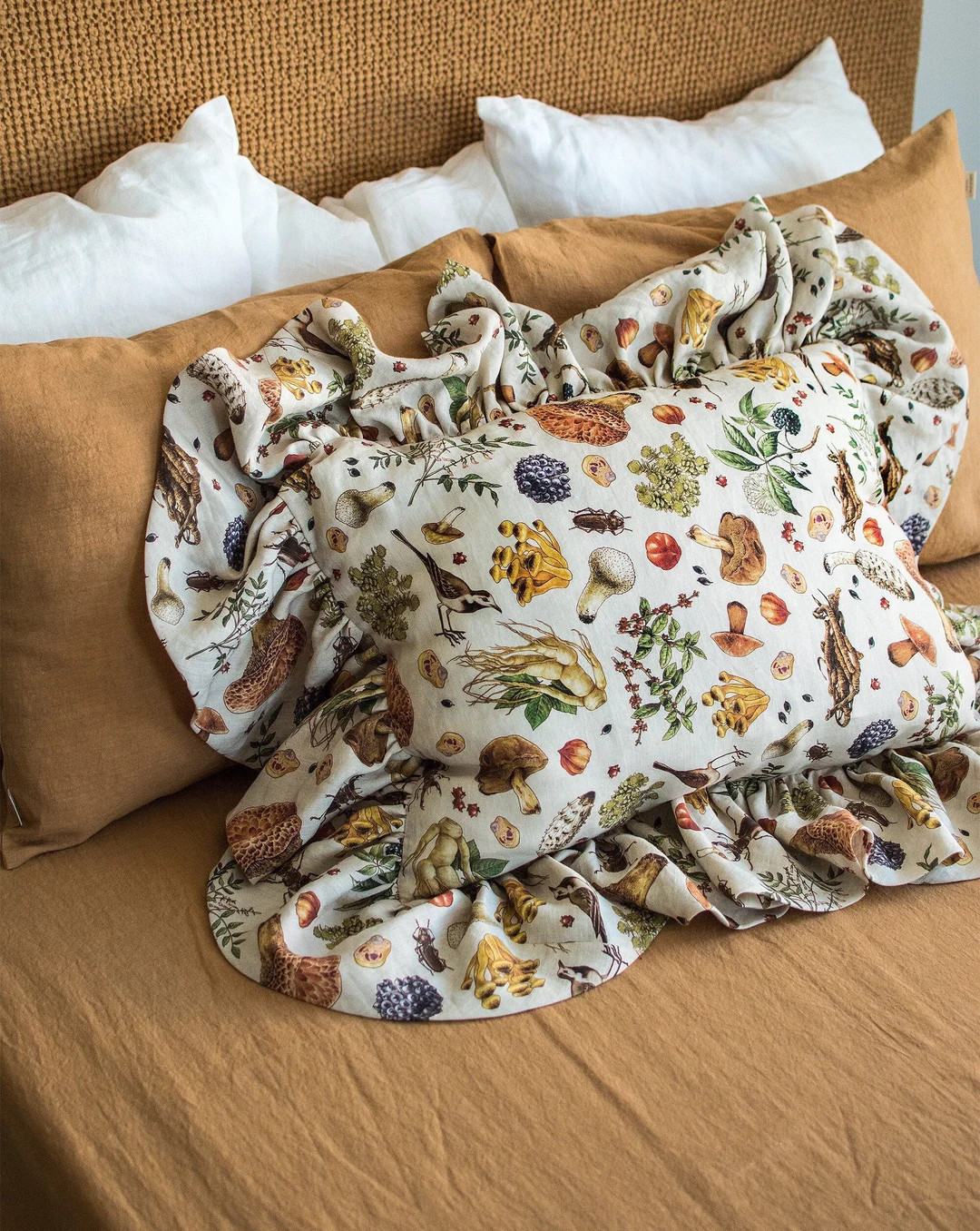 Mushroom Linen Sham With Ruffles, French Frilled Insects Pillowcase, Vintage Forest Pillowcase Wi... | Etsy (US)