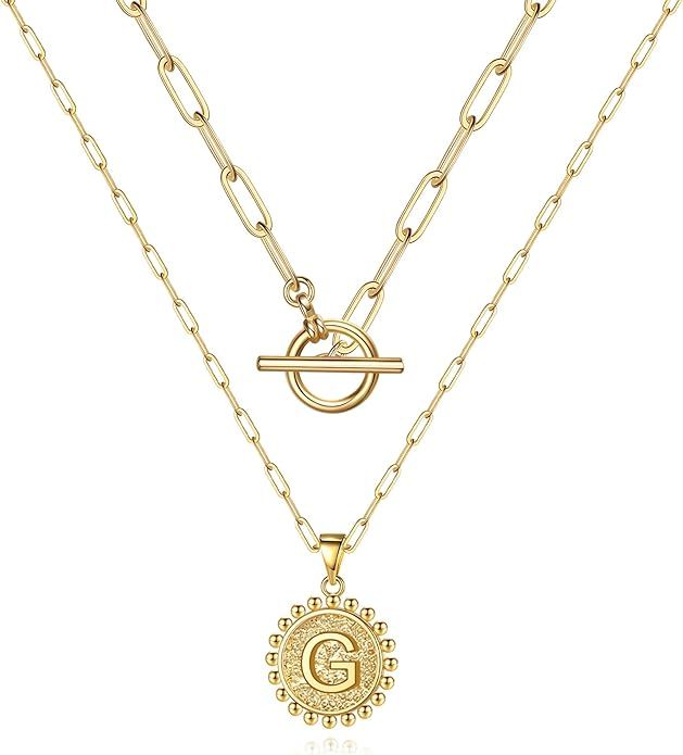 Gold Layered Initial Necklaces for Women, 14K Real Gold Plated Paperclip Chain Necklace Coin Init... | Amazon (US)