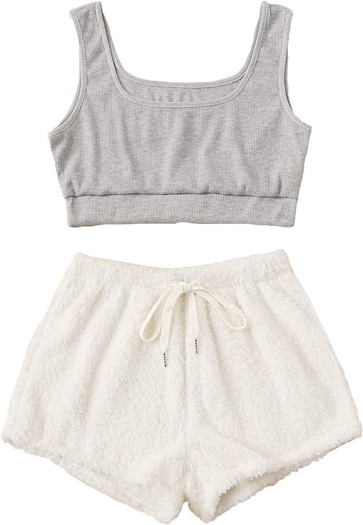 Milumia Women's Pajama Set Smooth Fuzzy Shorts and Crop Top Tee Sleepwear Loungewear | Amazon (US)