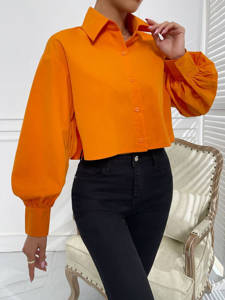 Solid Lantern Sleeve Shirt | SHEIN