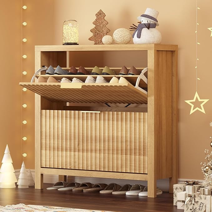 Shoe Cabinet Storage for Entryway, Fluted Entryway Shoe Cabinet with 2 Flip Drawers, Hidden Shoe ... | Amazon (US)