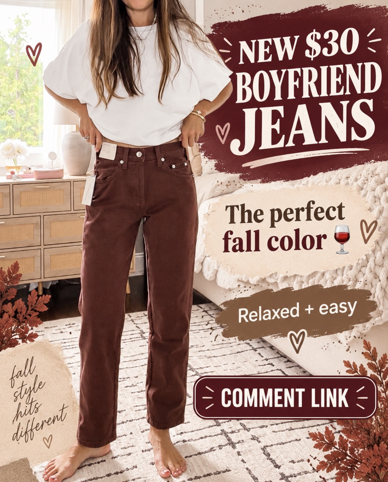 New $30 boyfriend jeans in the prettiest fall color 🍷 I love the relaxed fit—and they look so cute with a simple white tee! Comment LINK and I’ll send them to you 🔗

#LTKOver40 #LTKootd #LTKmomlife