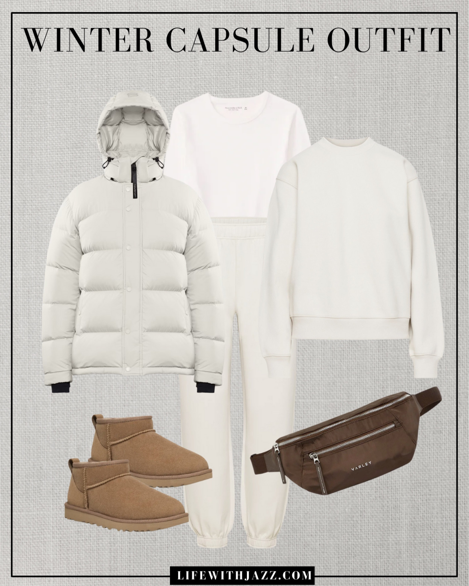 Winter capsule outfit

Cream short puffer jacket / long sleeve layering tee / cream sweatshirt / sweatpants / watching set / mini Uggs / belt bag / winter style / comfy style / wc25

#LTKStyleTip #LTKSeasonal