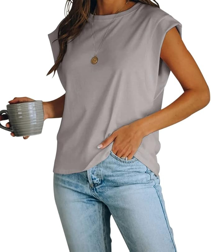 Women's Cap Sleeve Tank Top Crew Neck T Shirts Loose Fit Basic Summer Casual Tee Tops | Amazon (US)