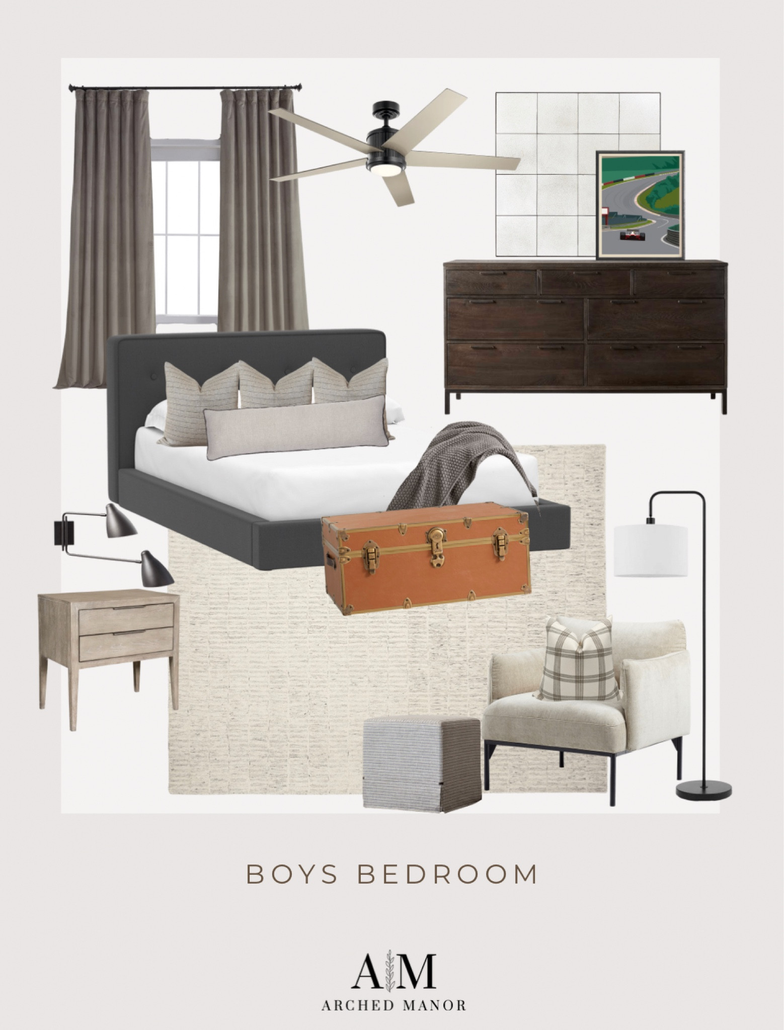 Boys bedroom design, masculine bedroom, upholstered bed, trunk, accent chair, velvet curtains, wall sconce 

#LTKhome #LTKsalealert #LTKfamily