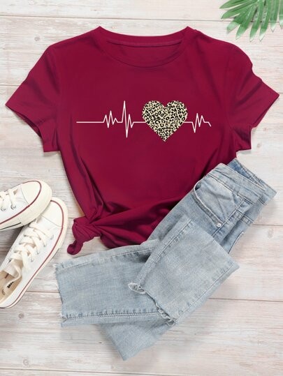Heart And Leopard Print Short Sleeve Tee | SHEIN
