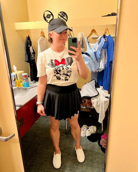 Walt Disney World Hollywood Studios outfit

Black athletic skort from AE, Minnie Mouse Star Wars top from Etsy, black hat and ears from factory55

White slip on sneakers from Superga 