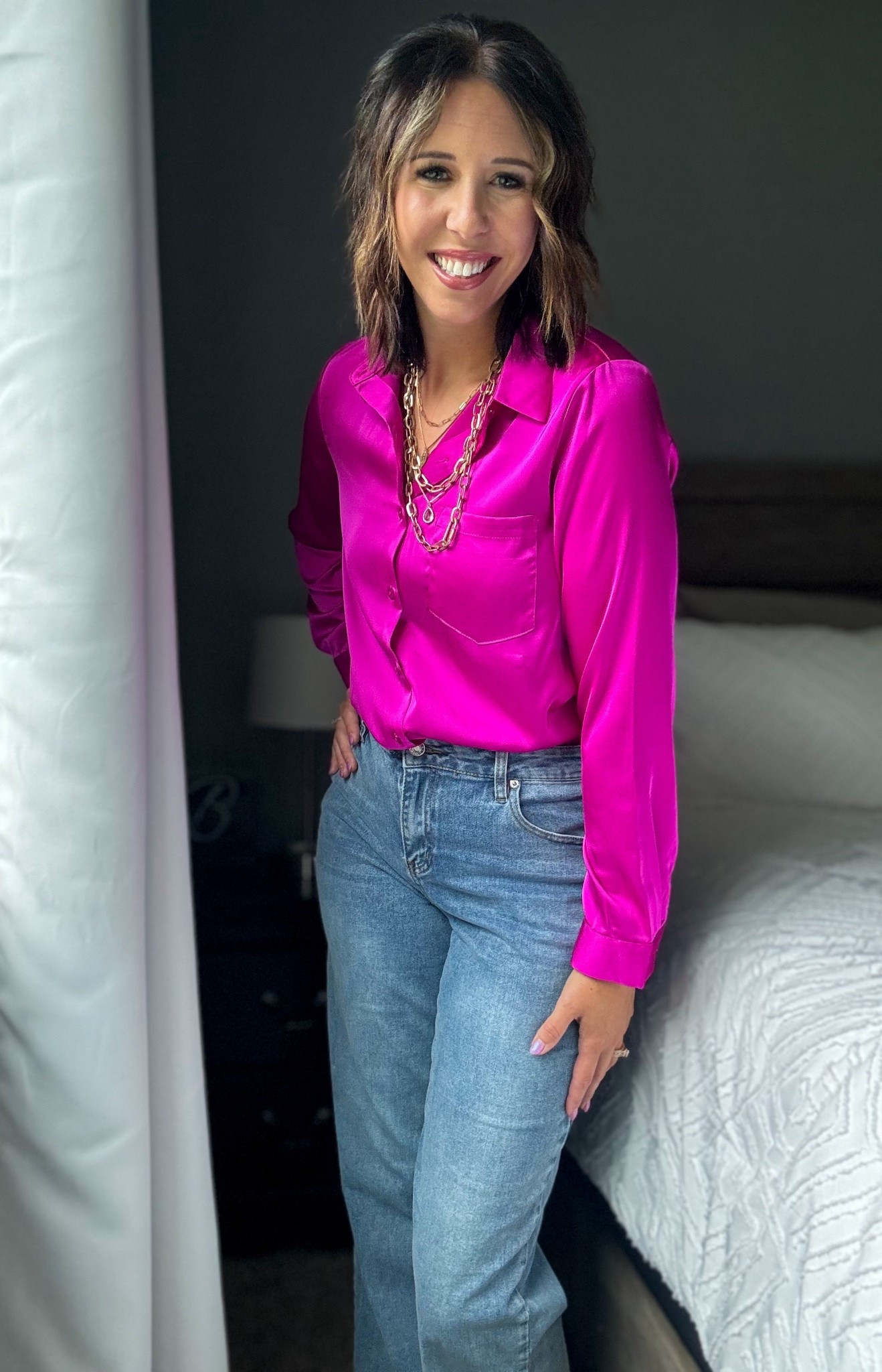 A silk satin button down.  If you don’t own one this one is only $18 on amazon! They make anything look professional.

#LTKValentine #LTKMidsize #LTKmomlife