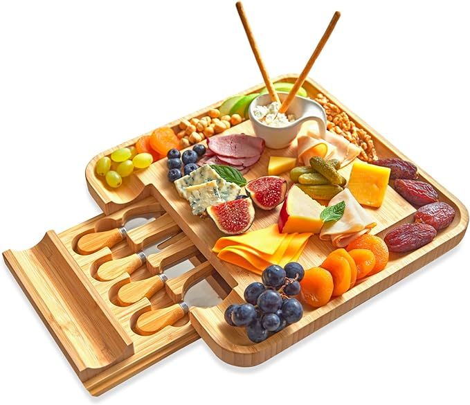 RoyalHouse Unique Bamboo Cheese Board and Knife Set with Slide-Out Cutlery Drawer - Charcuterie B... | Amazon (US)