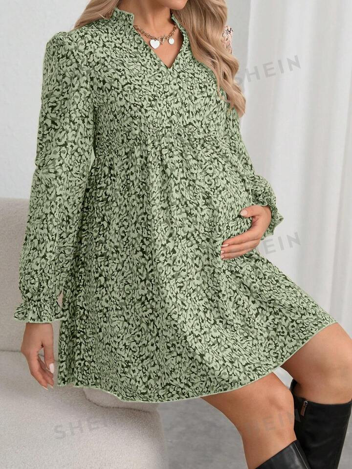 SHEIN Maternity Allover Print V Notched Neck Long Sleeve Casual Dress, Spring And Summer | SHEIN