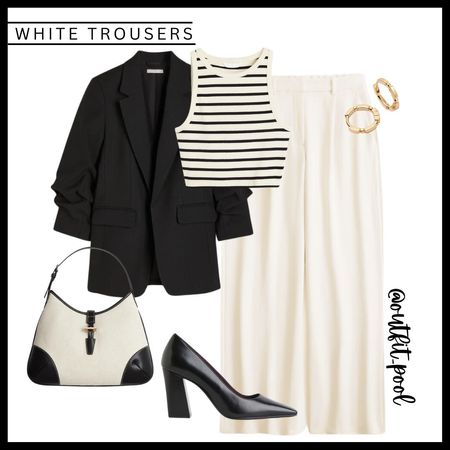 White trousers, black blazer, black pumps, black and white bag, striped tank top, spring workwear, spring outfit 

#LTKstyletip #LTKfindsunder100 #LTKworkwear