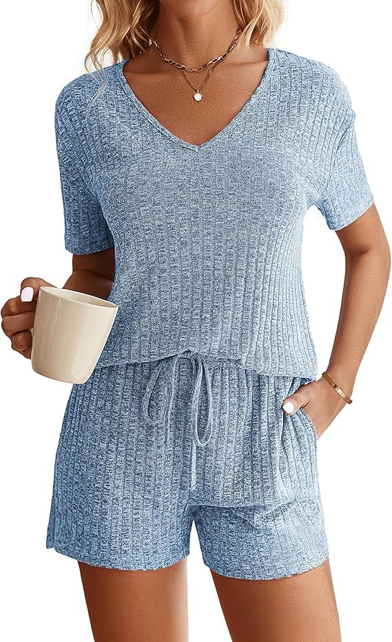 Ekouaer Womens Ribbed Knit Lounge Set Short Sleeve Top and Shorts Sleepwear Pajama Set Two Piece ... | Amazon (US)