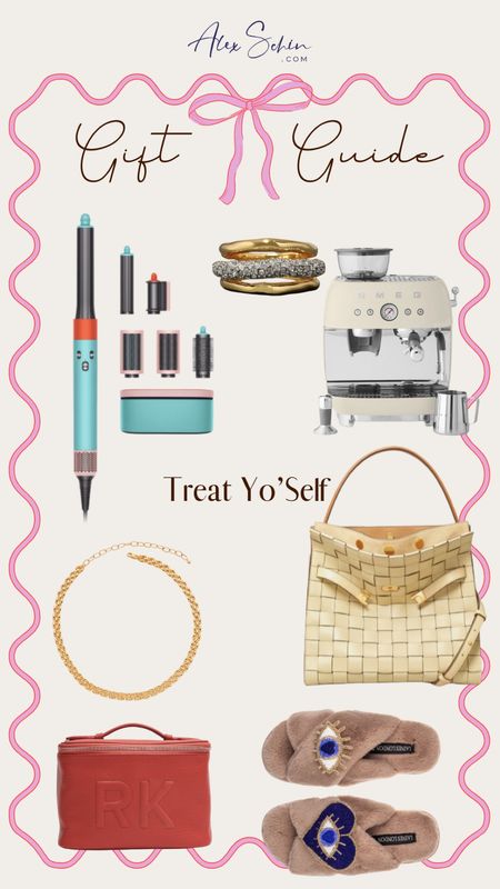 Treat yourself gift guide. Splurge gifts. Big gifts for yourself. Dyson air wrap. Smeg coffee maker. Gold jewelry. Tory Burch Lee Radziwell bag  