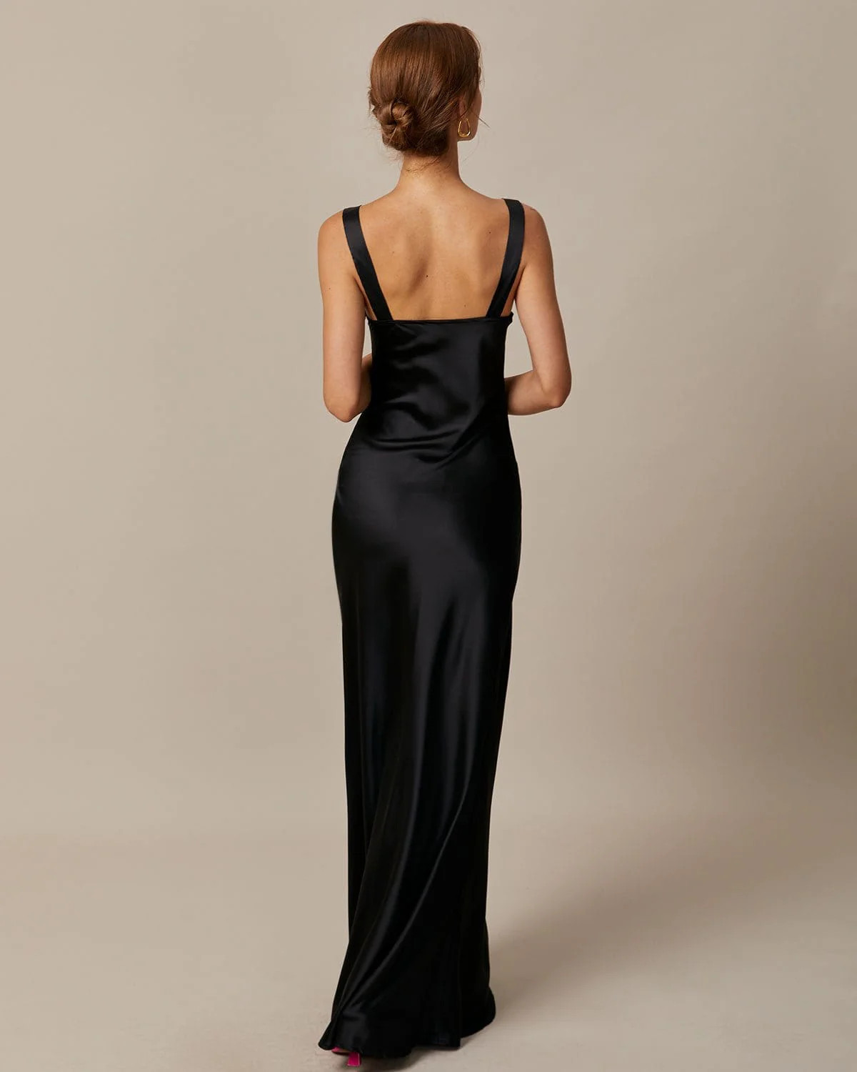 The Black Cowl Neck Sheath Satin Maxi Dress | rihoas.com