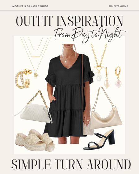 Easily go from day tonight with a simple summer look. An affordable ruffle sleeve black dress is the perfect piece for a casual daytime look. Pair it with a layered gold necklace, simple gold hoops, a small handbag, and woven summer slides. Easily change up your accessories for a more dressy evening look with a pendant necklace and matching earrings, strappy black sandals with a chunky heel, and a satin purse. 

#LTKStyleTip #LTKFindsUnder50 #LTKSeasonal