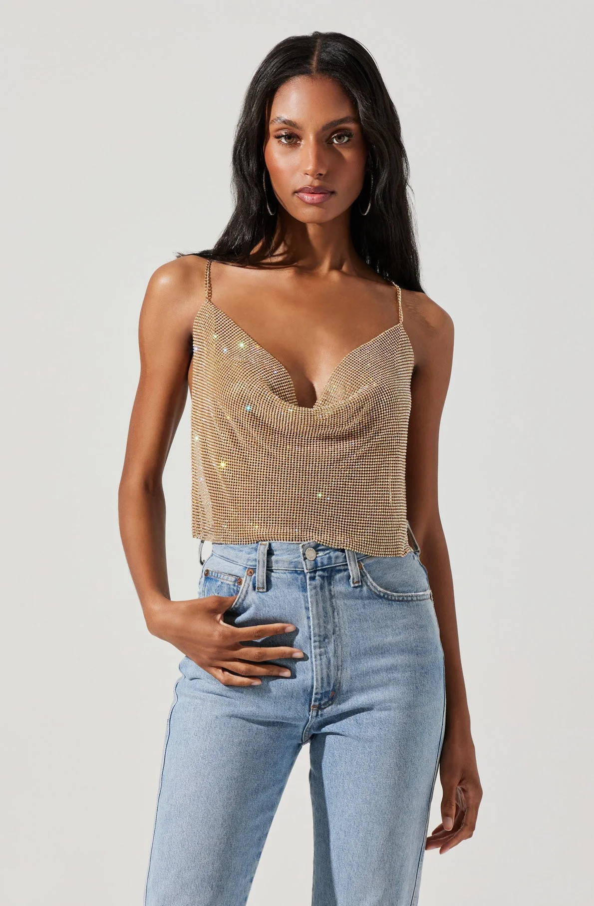 Mika Rhinestone Mesh Cowl Neck Top | ASTR The Label (US)