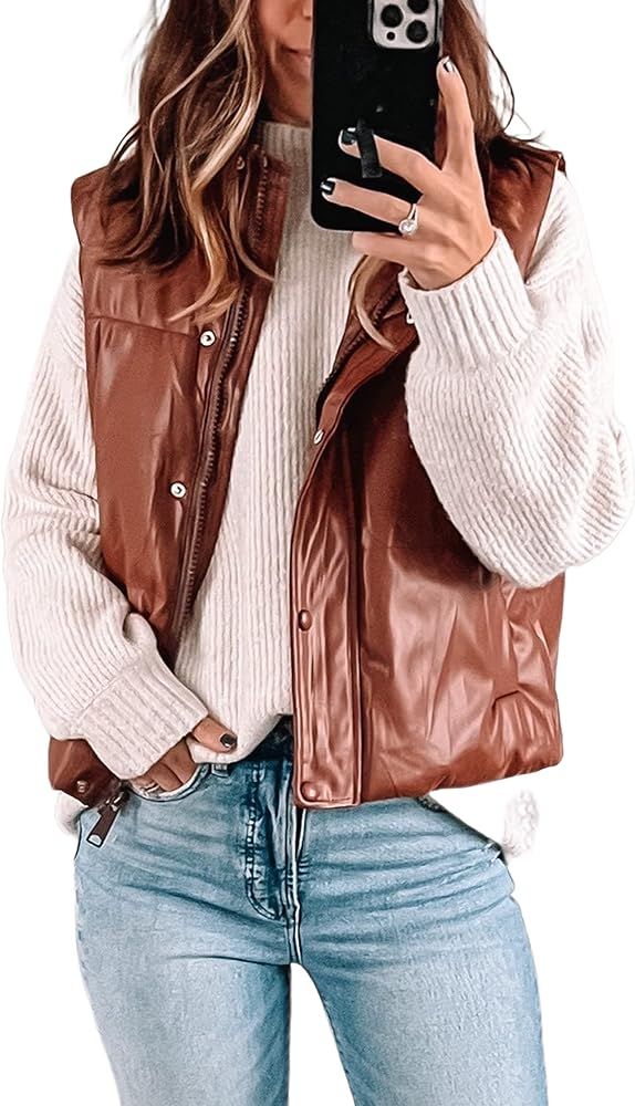 UANEO Womens PU Leather Cropped Puffer Vest Winter Faux Leather Zip Up Sleeveless Jacket | Amazon (US)