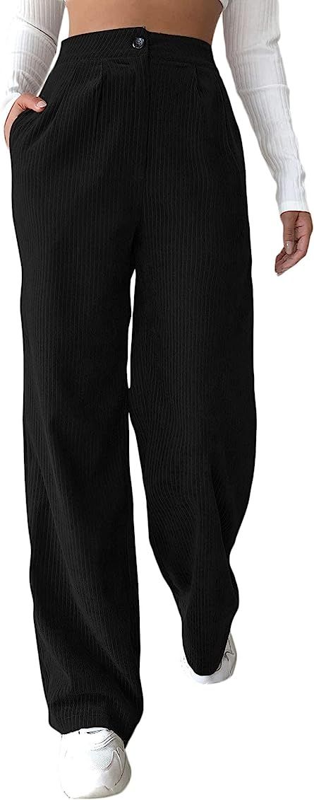SheIn Women's High Waist Wide Leg Corduroy Long Pants Solid Trousers with Pockets | Amazon (US)