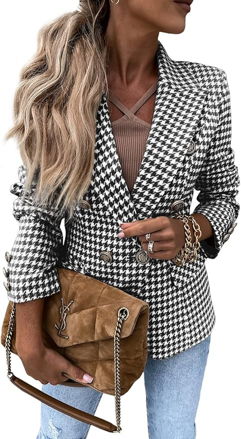 GAMISOTE Womens Houndstooth Suit Long Sleeve Notched V Neck Casual Button Down Blazer | Amazon (US)