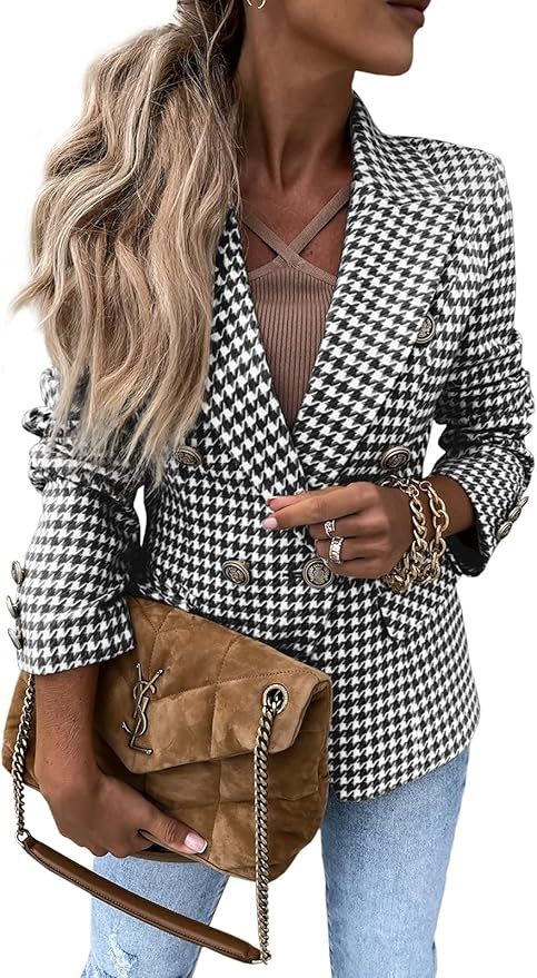 GAMISOTE Womens Houndstooth Suit Long Sleeve Notched V Neck Casual Button Down Blazer | Amazon (US)