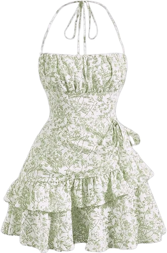 Narecte Summer Dresses for Women,Tie Halter Mini Dress,Floral Print Short Dress,Ruffle Trim Casua... | Amazon (US)