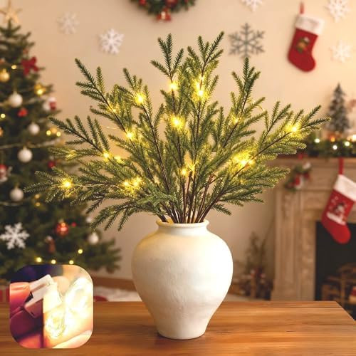 12PCS Lighted Branches for Vases Artificial Pine Branches Norfolk Pine Stems Faux Christmas DIY G... | Amazon (US)