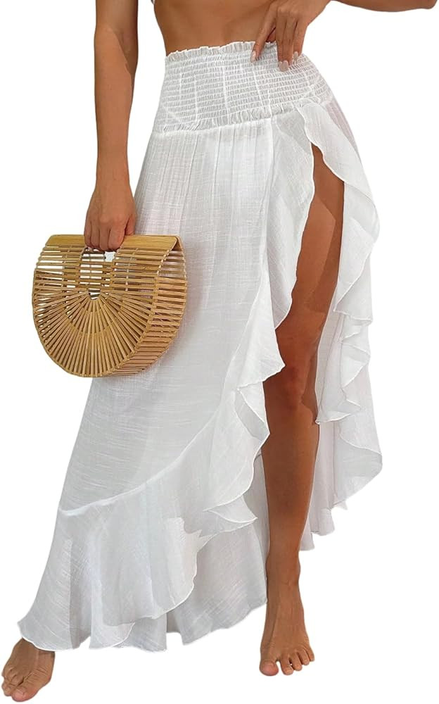 ZAFUL Swimsuit Coverup for Women Slit to Thigh Beach Cover Ups Swim Bathing Suit Flowy Maxi Skirt | Amazon (US)