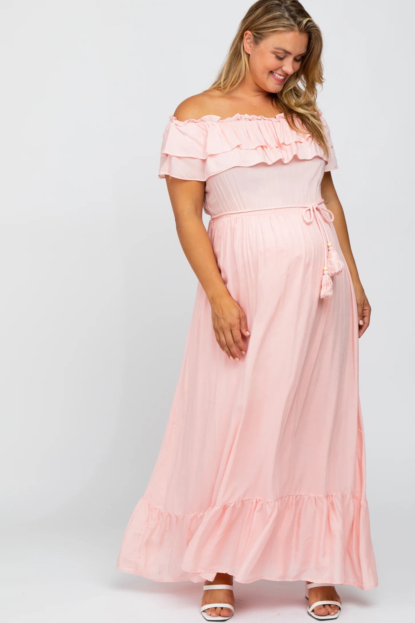 Pink Off Shoulder Tassel Tie Maternity Plus Maxi Dress | PinkBlush Maternity