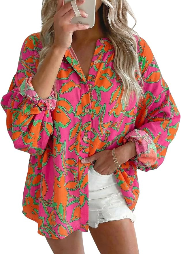 Astylish Womens 2026 Boho Floral Loose Spring Summer Tops Lantern Sleeve Flowy Blouses V Neck But... | Amazon (US)