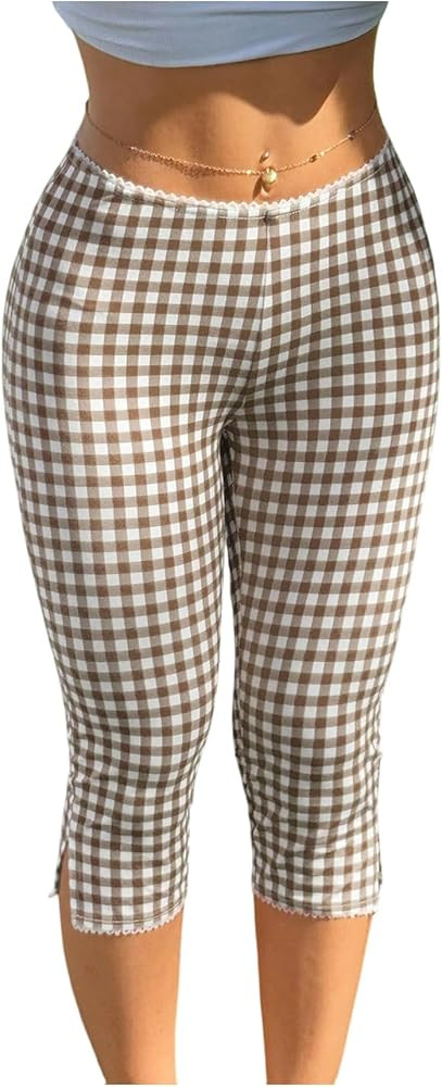 Milumia Women's Plaid Print Capri Leggings Low Waisted Split Hem Cropped Pants | Amazon (US)